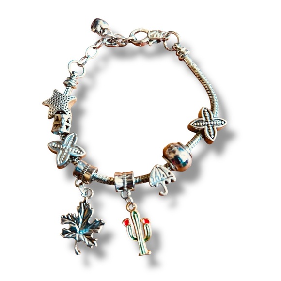 925 Sterling Silver Whimsical Charm Bracelet Star Maple Cactus Umbrella & Clover - Picture 2 of 11
